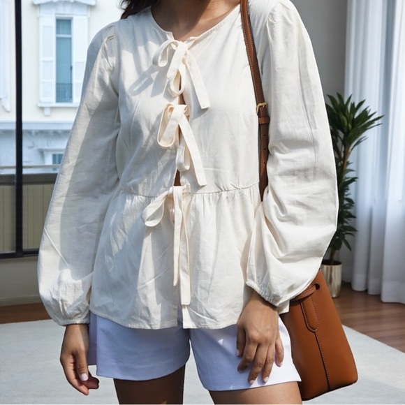 Cream Dream: ZESICA Tie-Front Babydoll Long-Sleeve Top - Medium Marvel! 🌟 NWOT - Picture 11 of 12